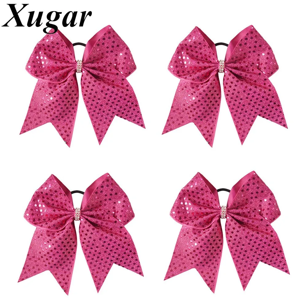 

4 Pieces/Set 6'' Solid Shiny Sequin Cheerleader Bows With Elastic Band For Girls Rhinestone Cheer Bow Hair Accessories