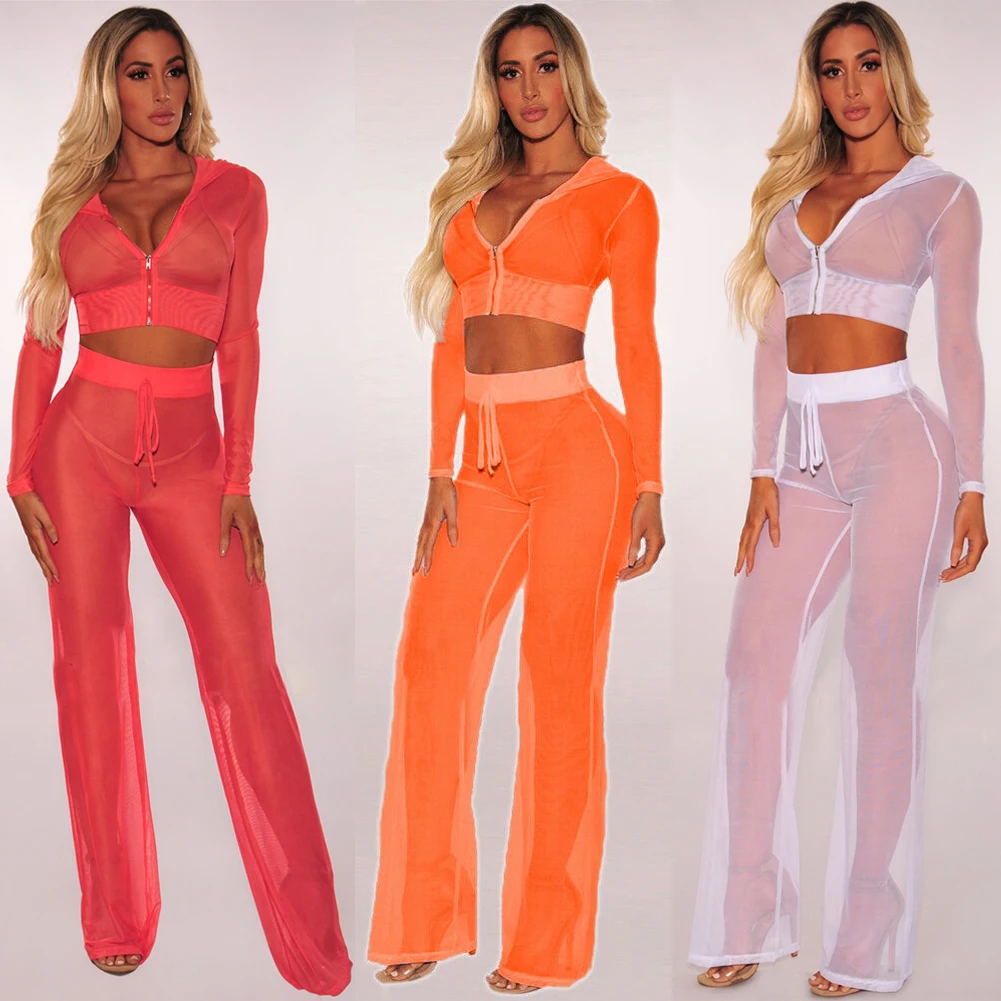 

Women Sexy See Through Sheer Mesh Bikini Crop Top+Pants Cover Up Long Sleeve Swimwear Beach Cover-Ups Set