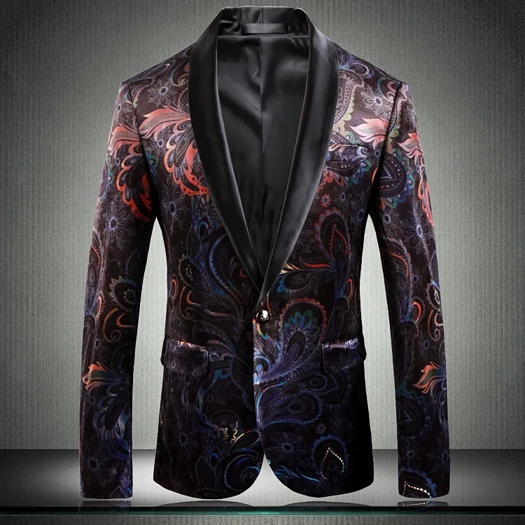 lapela impressão de veludo blazer fino ajuste