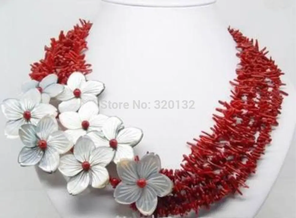 

FREE SHIPPING>@@> Woman's Jewellery stunning natural red coral shell flower necklace Wholesale Silver hook &