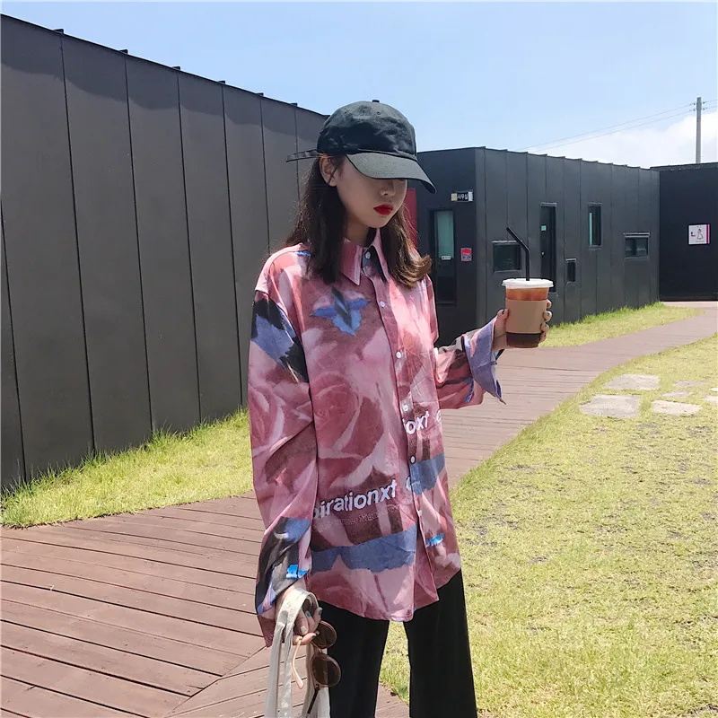 Cheerart осень длинная Цветочная блузка с длинным рукавом рубашка свободный розовый топ рубашка на пуговицах для женщин корейская модная одежда