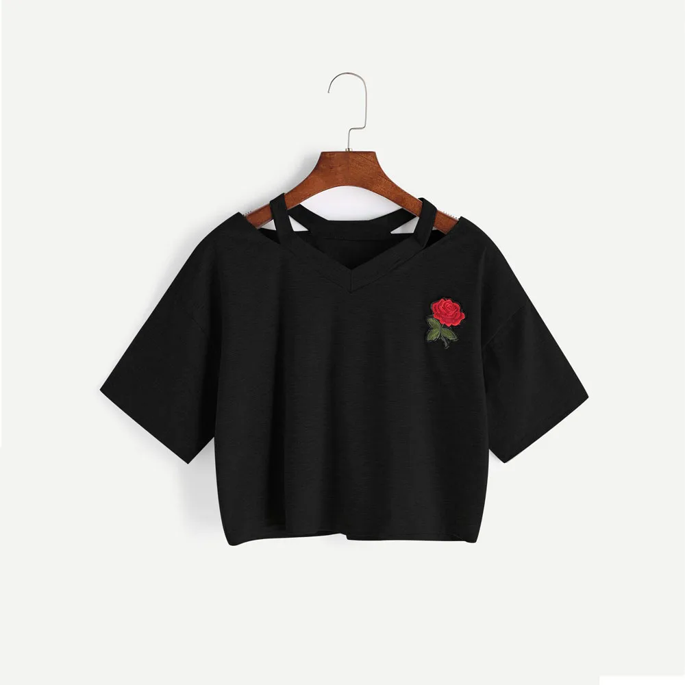 

Women t shirt Fashion cropped short Sleeve camiseta mujer Sweatshirt Rose flower embroidery tshirt Causal summer Tops d90507