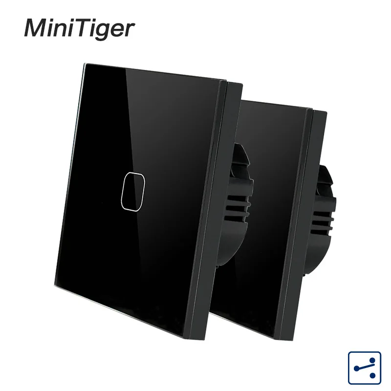 Minitiger ЕС стандарт 1/2 банды 2 способ управления настенный сенсорный экран переключатель, Хрустальная стеклянная панель, крест/через переключатель, 2 шт./упак - Цвет: 1 Gang 2 Way Black