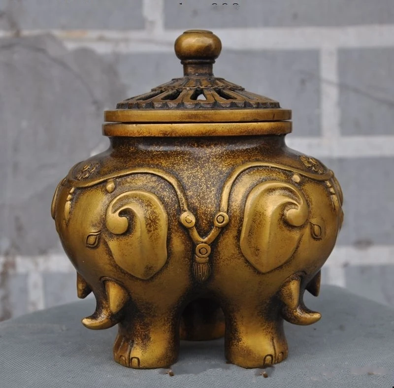 

7"Old Chinese Buddhism bronze Auspicious Elephant head incense burner Censer