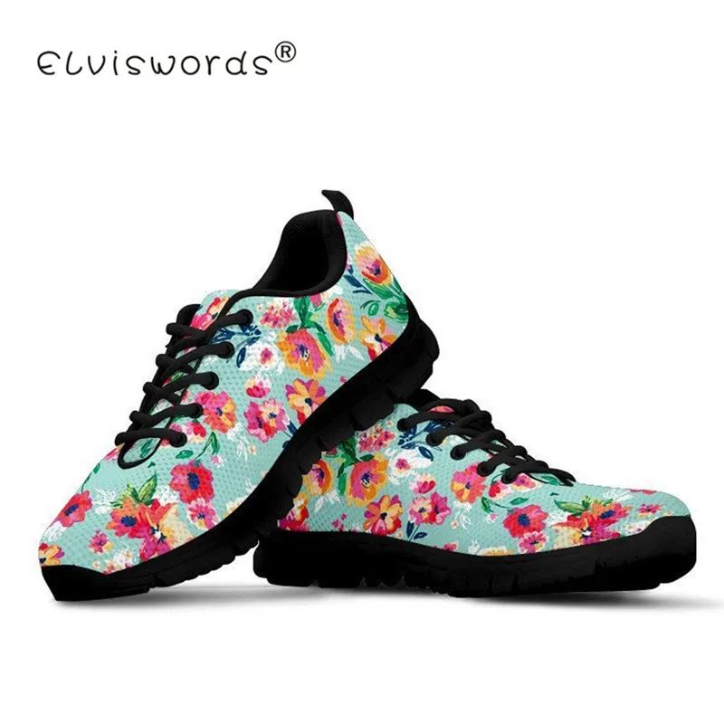 

ELVISWORDS Floral Women Mesh Flats Black Shoes Plat form Woman Teenager Girls Casual Sneakers Female Women Sport Shoe Non-Slip