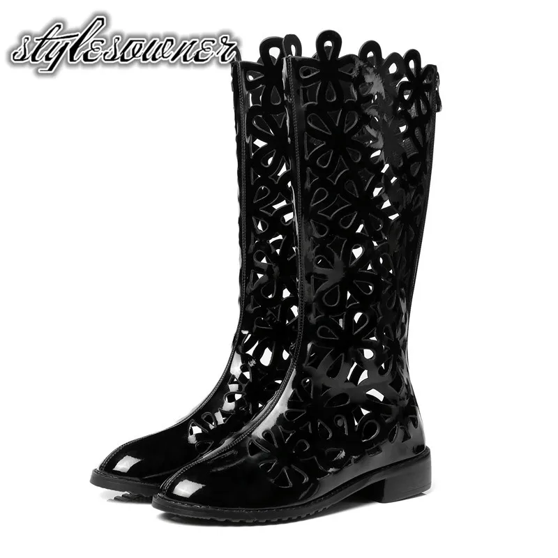 

Stylesowner British Style Hand-made Black Long Boots Patent Leather Round Toe Summer Fashion Low Heels Western Hollow-out Boots