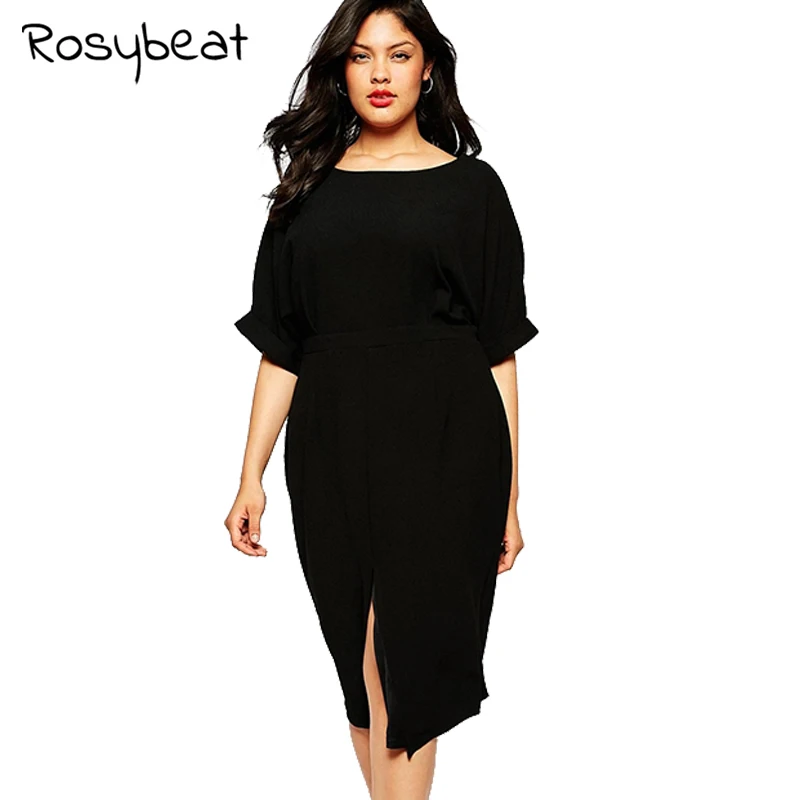 Plus Size Female Dress Concise Office Lady European Style Solid O Neck ...