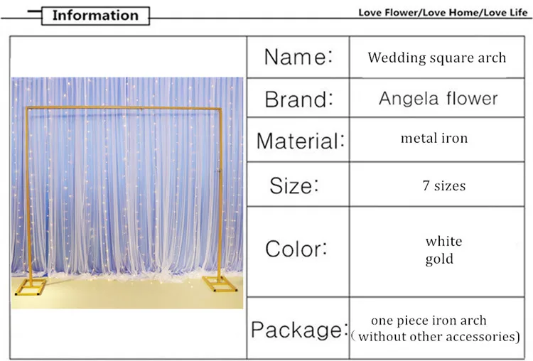 Свадебный квадратный, из кованого железа, арка, регулируемая, золотой, белый фон, подставка, вуаль, церемония, Декор, цветок, пряжа, регулируемая железная полка