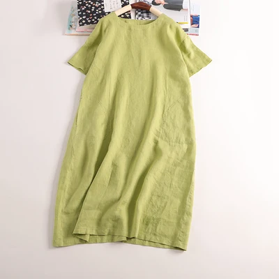 Летние женские повседневные короткие свободные платья размера плюс в японском стиле, удобные льняные платья 14*14, 4 цвета - Цвет: Зеленый