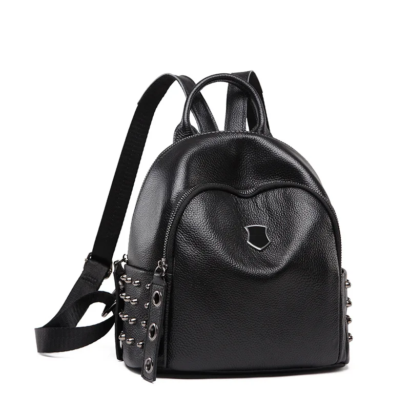 

KYYSLO Fashion Leisure Rivet Genuine Leather Small Backpack Korean Version Of Wild High Capacity Shoulders Student Backpack