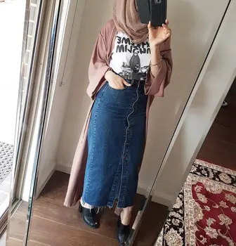 

Muslim Women Skirt Blue Slimming Islamic Clothing Denim Jeans Skirts Pencil Long Buttons Decorated Bottoms Blue Plus Size New
