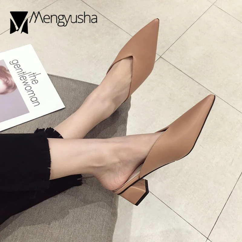 

V-Open Flip Flops Women Thick Heels Mules Low Heels Slippers OL Pointy Toe Slides Mule Shoes Slip On Beach Sandals Women Slipper