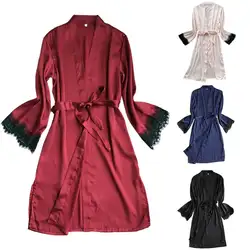 Новые модные женские пикантные с длинным рукавом ресниц кружево манжеты кимоно поясом для ванной халат ночная рубашка из искуственного