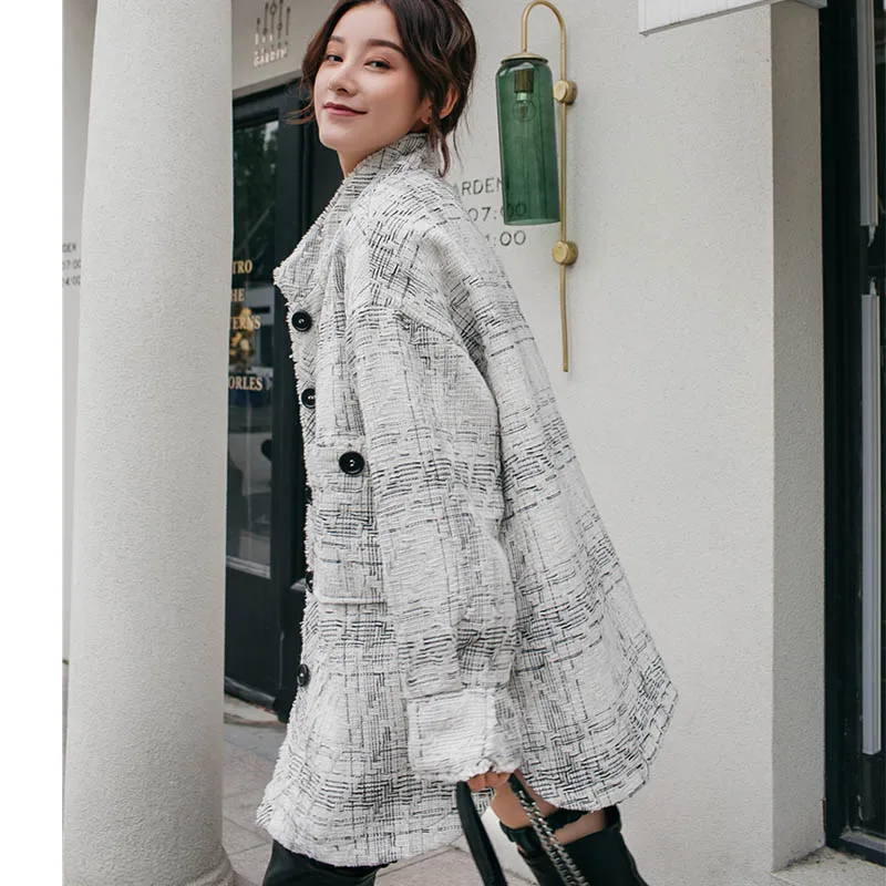 Cheerart Winter Long Wool Coat Women Vintage Plaid Wool Blend Coat White Stand Collar Woolen Outerwear Coat Wool Cape Cloak