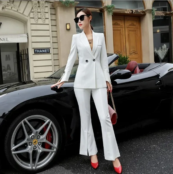 Для женщин s формальные брюки костюмы для женщин офисные брюки костюм комплект 2 шт. двубортный блейзер+ расклешенные брюки женские вечерние костюмы для свадьбы - Цвет: Белый