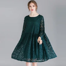 Large size women's dresses fat mm spring new Mid sleeve lace dress Plus size flare sleeve casual loose fashion Elegant dress plus size flare sleeve lace dress