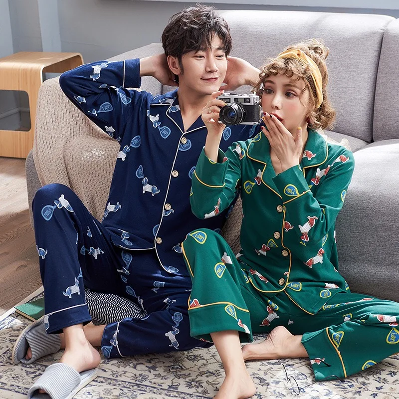 

2019 Spring and Autumn Unisex Pajamas Cute Men Pajamas Cotton Long Sleeve Cartoon Pajamas Ladies Couple Pajamas Set sleepwear