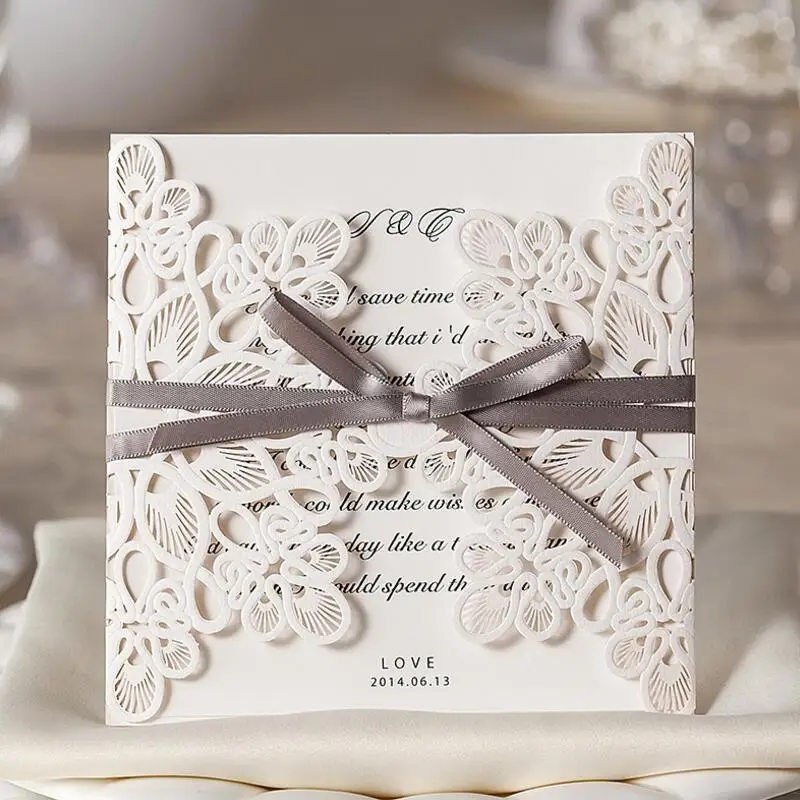 

50 Pcs/Pack Wholesale Laser Cut Invitations Cards Elegant Ribbon Invitation Cards for Wedding Birthday Party Free Shipping