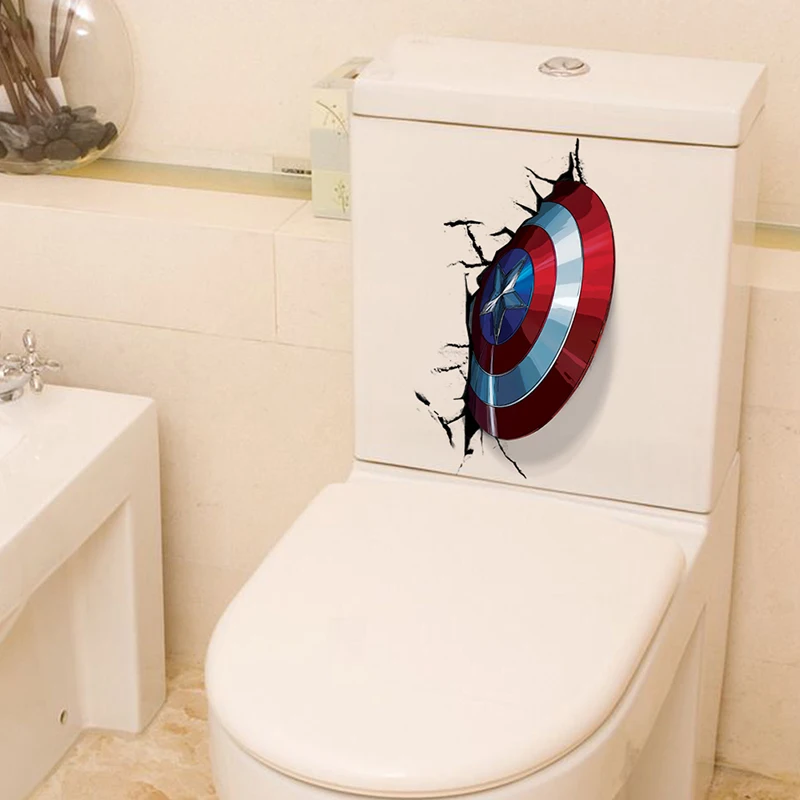 3D Vivid Captain America Shield Through Decorative Wall Stickers For Toilet Decor The Avengers Wall Decals Art PVC Mural Posters