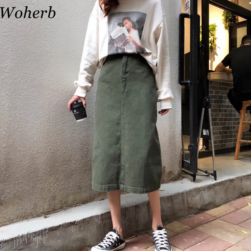 Woherb длинная юбка женская Повседневная Джинсовая юбка с высокой талией Корейская винтажная Jupe Longue стиль зеленая юбка 20911