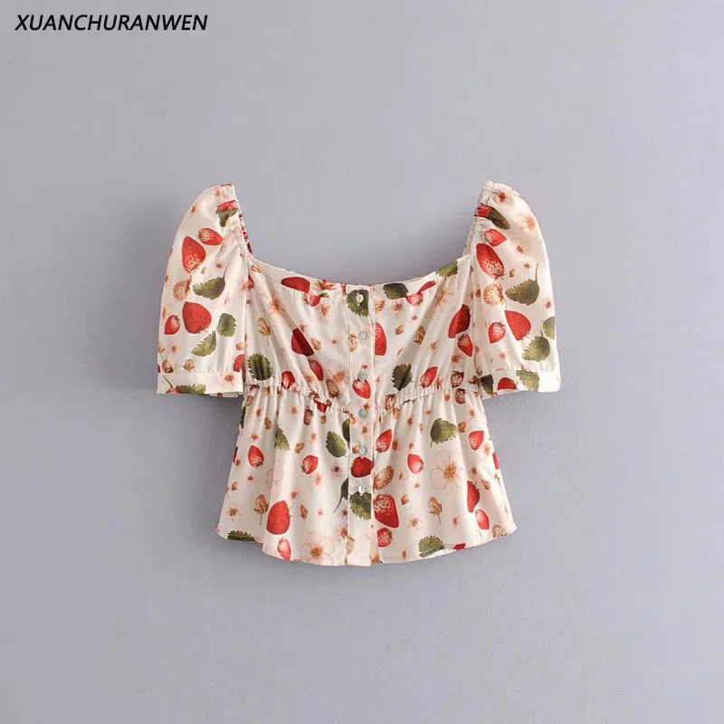 

Women Summer Puff Sleeve Short Shirt Women Square Collar Printed High Waist Crop Tops Ladies Button Shirts DJ8320