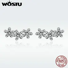 WOSTU, подлинные 925 пробы, серебряные, прозрачные, CZ, Ослепительная ромашка, сложенный цветок, цветочные серьги-гвоздики, оригинальные ювелирные изделия, подарок для девушек, SDPS506