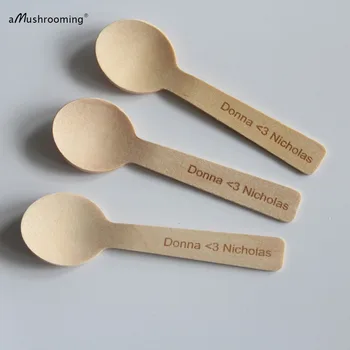 

x100 Personalized Rustic Wedding Mini Dessert Spoons Small Ice Cream Diposable Wooden Spoons Taster Spoon Name Can be Customized