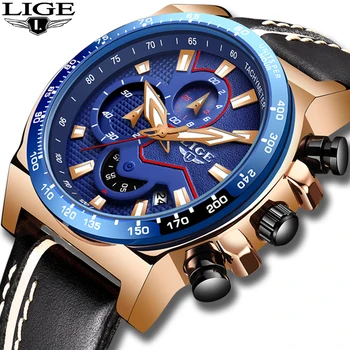 

2019 LIGE Big Dial Multifunction Mens Watches Top Brand Luxury Leather Analog Quartz Watch For Men Waterproof Sport Chronograph