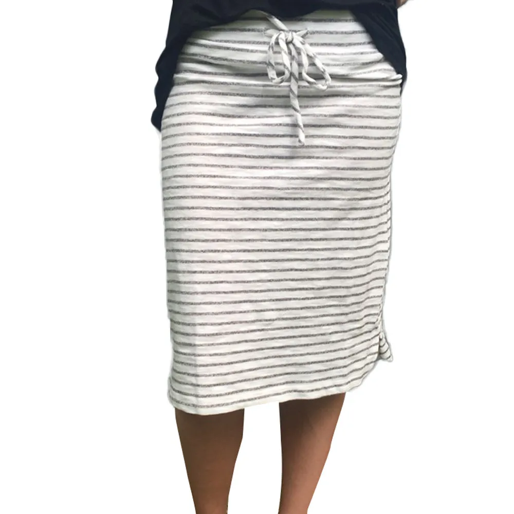 

Fashion Women Cotton Stripe Pencil Skirt Female Basic High Waist Bodycon Split Knee Length Lace Up Skirts J10 JUL25