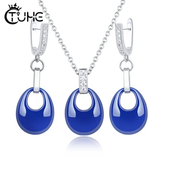 

New Design Blue Water Drop Jewelry Set Elegant Temperament Never Lose Color Healthy Ceramic Earrings Necklace Bling Crystal Gift