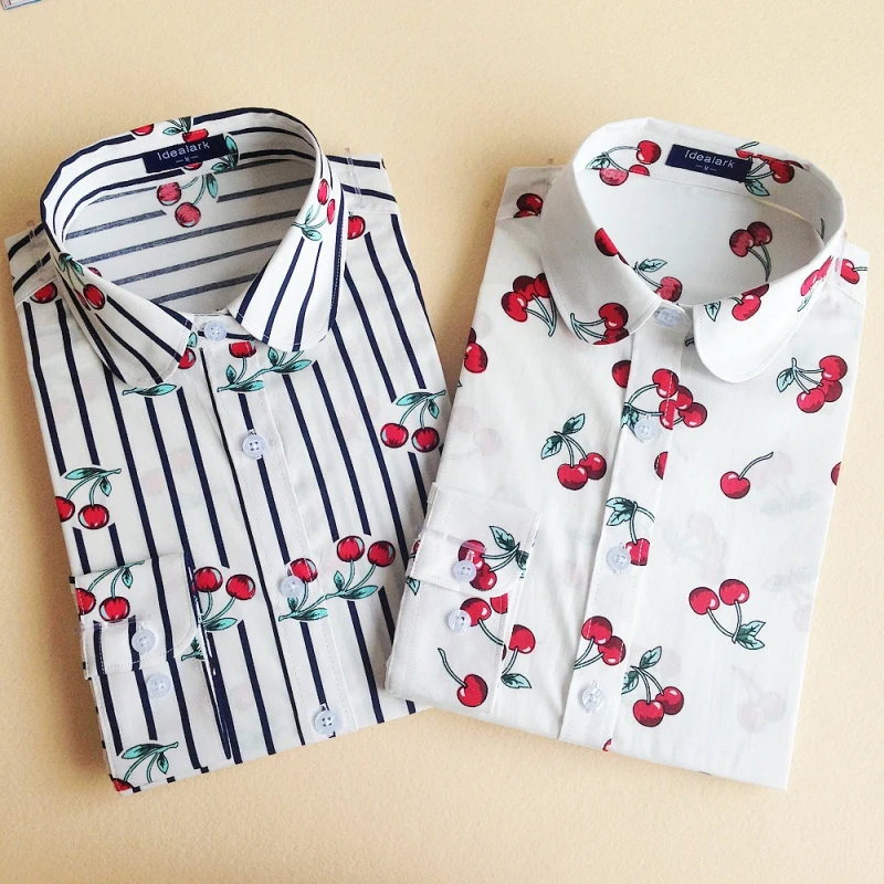19 Colors Floral Long Sleeve Vintage font b Blouse b font Cherry Turn Down Collar font