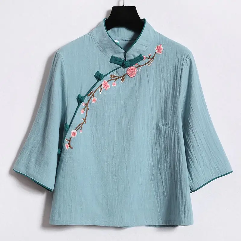Nagodo китайский стиль льняные Топ Весна Лето Вышивка Cheongsam рубашка традиционная китайская одежда для женщин Hanfu s-xxl - Цвет: blue