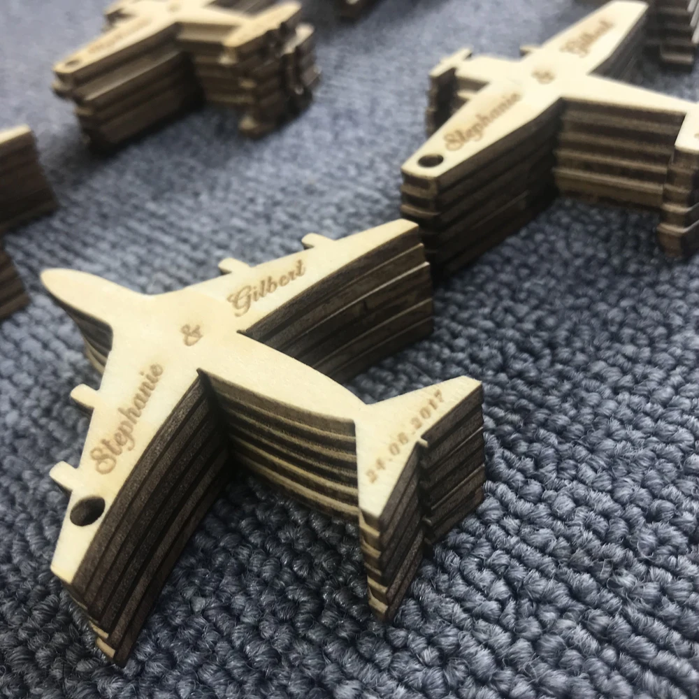 50 Pcs Personalized wedding Wooden Airplane Tags,rustic Bridal Shower wedding Favor tags,Custom name date Wooden Plane Tags (8)