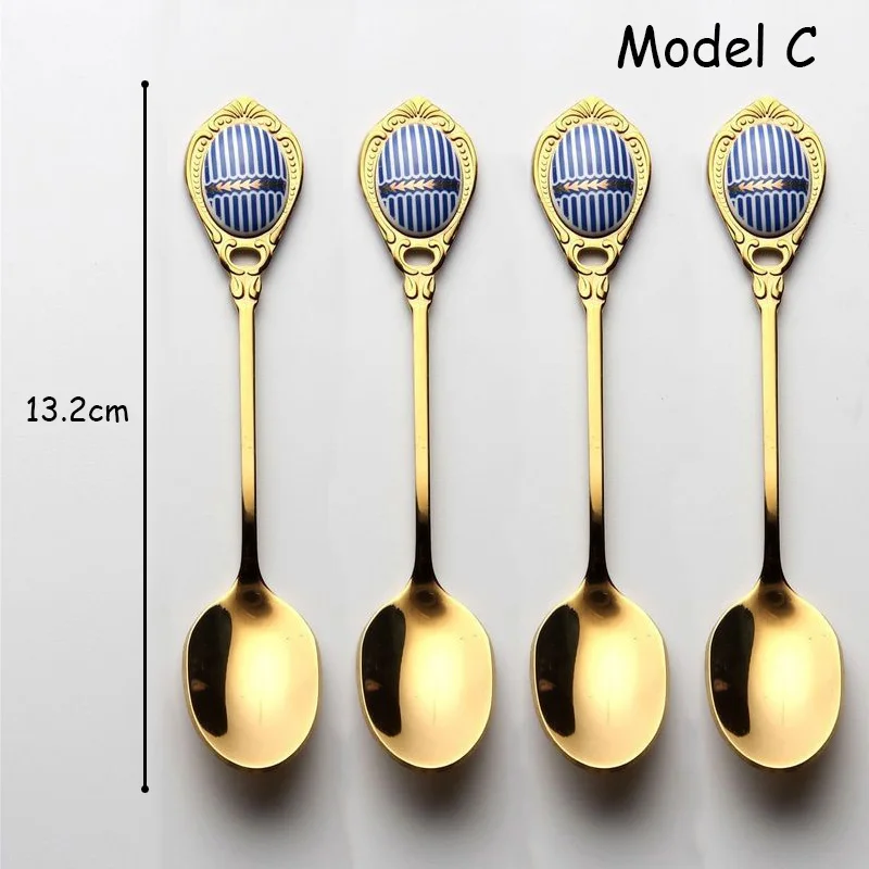 Ложка для десерта нержавеющая сталь для ложек совки инкрустация Керамика ручка Винтаж Кухня золотое покрытие высокого Класс совки 4 шт./компл - Цвет: Model C