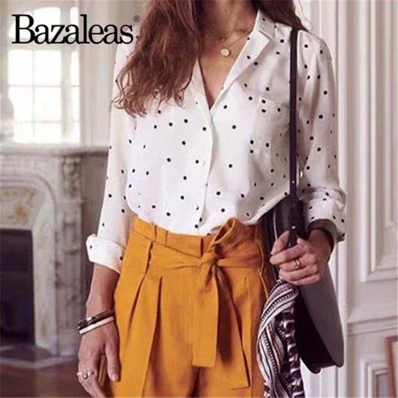 Bazaleas винтажная блузка с тонкими пуговицами Blusa Feminina женские топы в горошек blusas