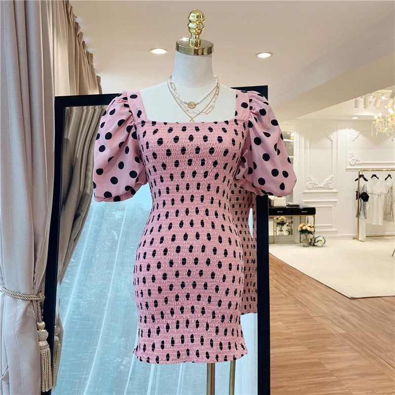 

HIGH STREET New Fashion 2019 Designer Runway Dress Women's Square Collar Dot Print Stretch Dress