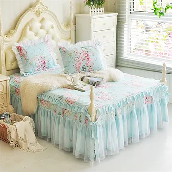 

Rose Flowers Ruffled Lace Girls Bed sheet Bedskirt Pillow shams Soft Cotton Twin Queen King size Bedskirt set 2 Corners Split
