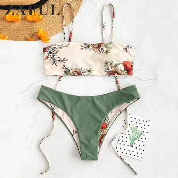 

ZAFUL Bikini Floral Tie Shoulders Reversible Bikini Two Pieces Set Wire Free Women Swimwear Padded Vintage Swim Suit 2019