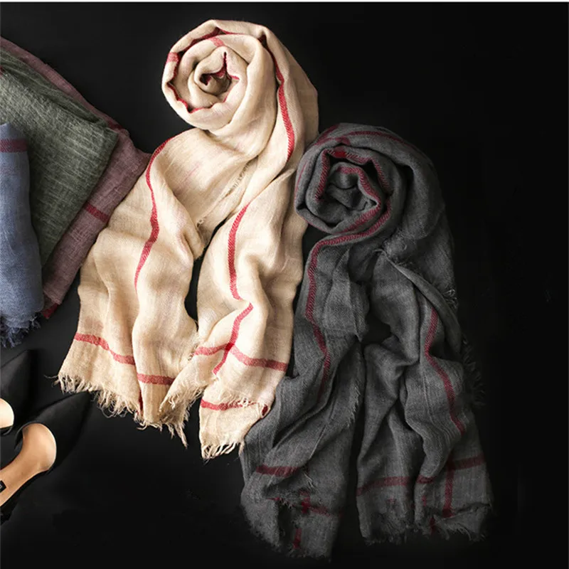 

specials super large size high grade linen cotton striped plaid scarfs shawl pashmina for unisex beige 4color 86x207cm