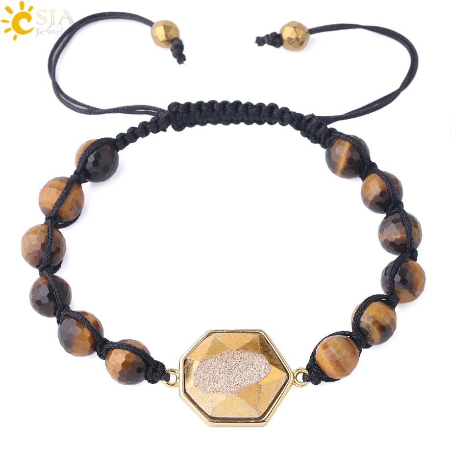 

CSJA Multifaceted Natural Tiger Eye Pink Quartz Braided Bracelet Geometric Druzy Bead Adjustable Rope Bangles for Women Men F816