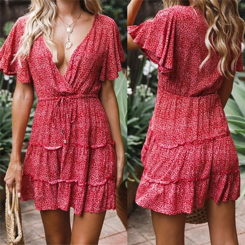 Женское мини платье с цветочным принтом Boho летнее коротким рукавом и оборками