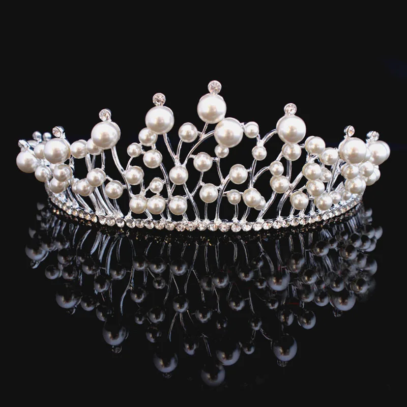 Fashion Round Crown Pearl Crystal Tiara Wedding Queen Crown Hair