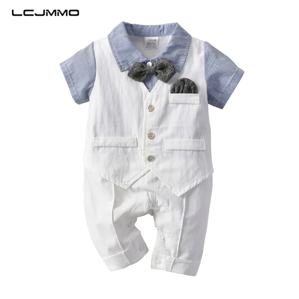 LCJMMO 3pieces Baby Boy Set Summer Bow Tie Short Sleeve Jumpsuit Kids