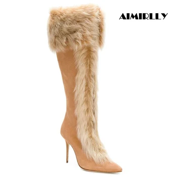 

Aimirlly Women Ladies Pointed Toe High Heel Knee High Boots Warm Faux Fur Winter Party Dress Shoes Zipper Beige Tan Size 4~15.5