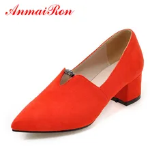 ANMAIRON Square Heels Flock Pointed Toe Court Shoes Women Pumps Low Heel Slip-On Black Red All-match Shoes Woman Pumps for Party chinese vintage women pumps slip on natural linen floral pumps slope heel retro cloth canvas soft shoes woman