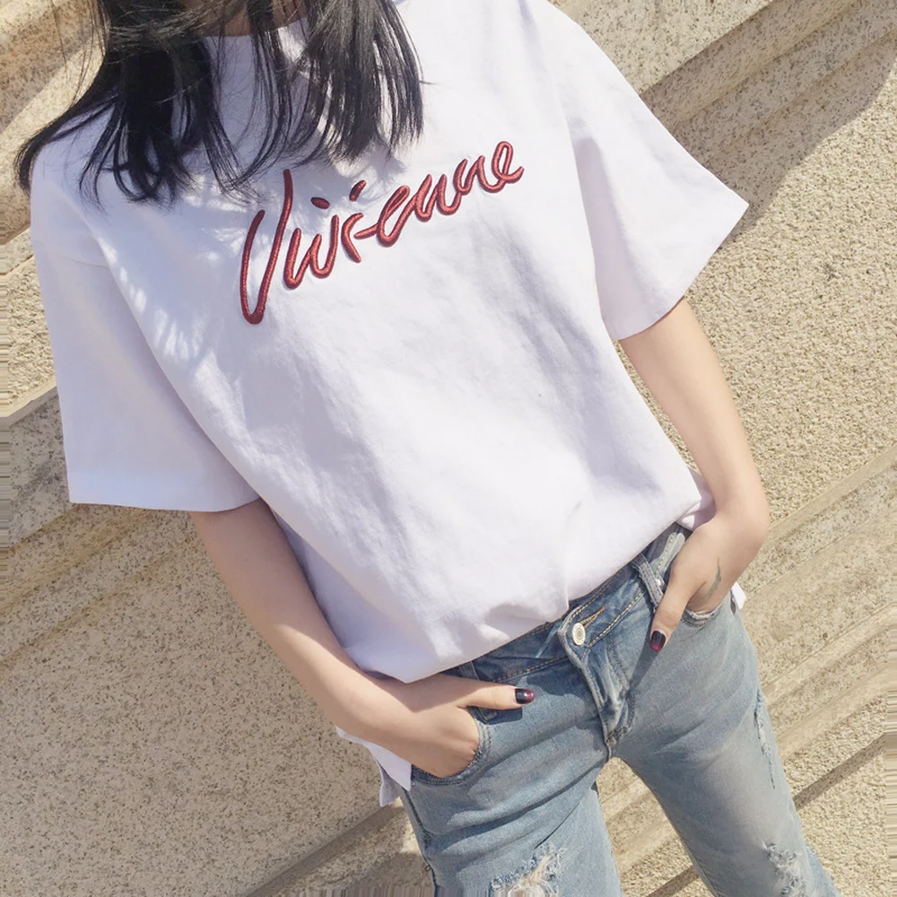 

2019 summer Korean embroidery short-sleeved t-shirt female student letter bottoming shirt loose wild round neck shirt