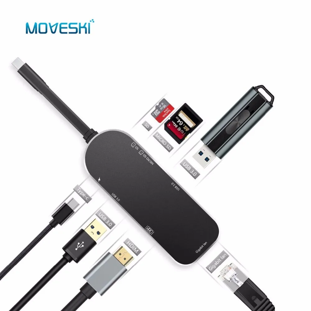 Алюминиевый концентратор Moveski YC206 Тип C 7 в 1 адаптер USB 3 зарядный порт с 4K HDMI портом
