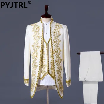 

PYJTRL S-XXL Mens Classic Three Piece Embroidery Palace Stage Singer Wedding Suits Latest Coat Pant Designs Costume Homme
