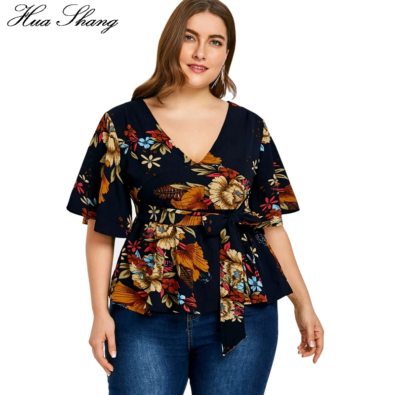 Acheter Femmes Plus Taille Tops Et Blouses D été V Cou Flare À Manches Courtes Imprimé Floral Boho Tunique En Mousseline de Soie Blouse 4XL 5XL femmes Chemises