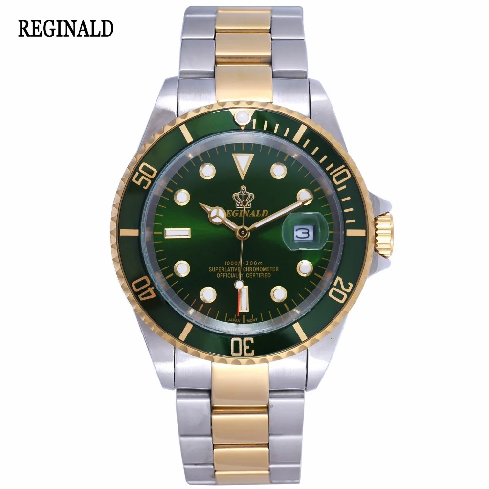 

Luxury Reginald Watch Men Rotatable Bezel GMT Sapphire Date gold Stainless Steel Sport green dial Quartz Watch Reloj Hombre